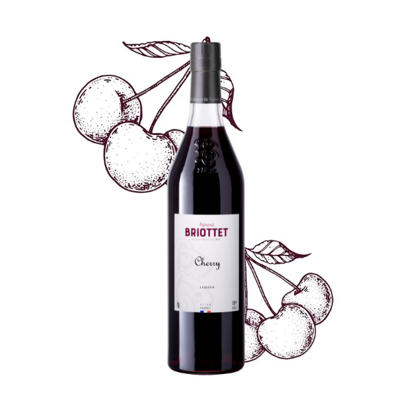 Bouteille de Liqueur de Cerise Maison Briottet, liqueur 18% vol., 70cl, sur fond d'illustration de feuilles et de cerise