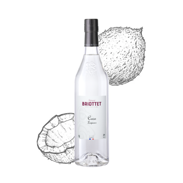 Bouteille de Liqueur de Coco Maison Briottet, liqueur 20% vol., 70cl, sur fond d'illustration de noix de coco