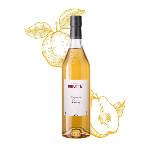 Bouteille de Liqueur de Coing Maison Briottet, liqueur 18% vol., 70cl, sur fond d'illustration de fruit de coing