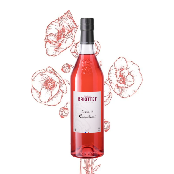 Bouteille de Liqueur de Coquelicot Maison Briottet, liqueur 18% vol., 70cl, sur fond d'illustration de fleur coquelicot