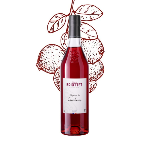 Bouteille de Liqueur de Cranberry Maison Briottet, liqueur 18% vol., 70cl, sur fond d'illustration de grappe de cranberry