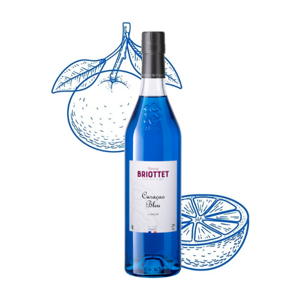 Bouteille de Curaçao Bleu de la Maison Briottet, 25% ABV, 70cl, avec des illustrations d'orange