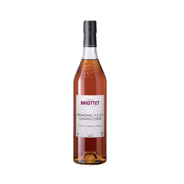 Bottle of Armagnac VSOP Maison Briottet, 40% alcohol by volume, 70cl, with two cocktail glasses and ice cubes