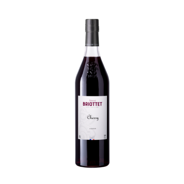 Bouteille de Liqueur de Cerise Maison Briottet, liqueur 18% vol., 70cl, sur fond d'illustration de feuilles et de cerise