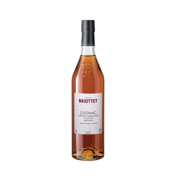 Bottle of Maison Briottet Cognac, 40% alcohol by volume, 70cl, with two cocktail glasses and ice cubes