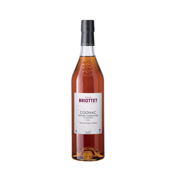 Bottle of Maison Briottet XO Cognac, 40% alcohol by volume, 70cl, with two cocktail glasses and ice cubes