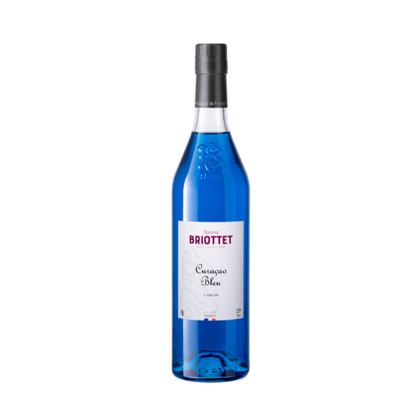 Bouteille de Curaçao Bleu de la Maison Briottet, 25% ABV, 70cl, avec des illustrations d'orange