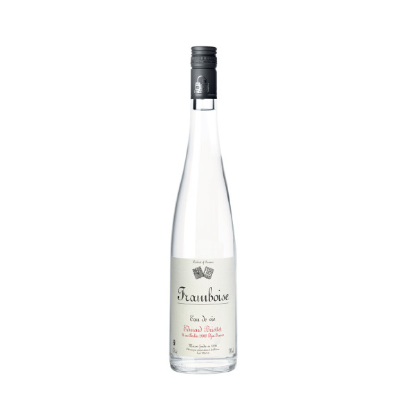 Bottle of Maison Briottet raspberry brandy, 45% alcohol by volume, 70cl, with two cocktail glasses and ice cubes