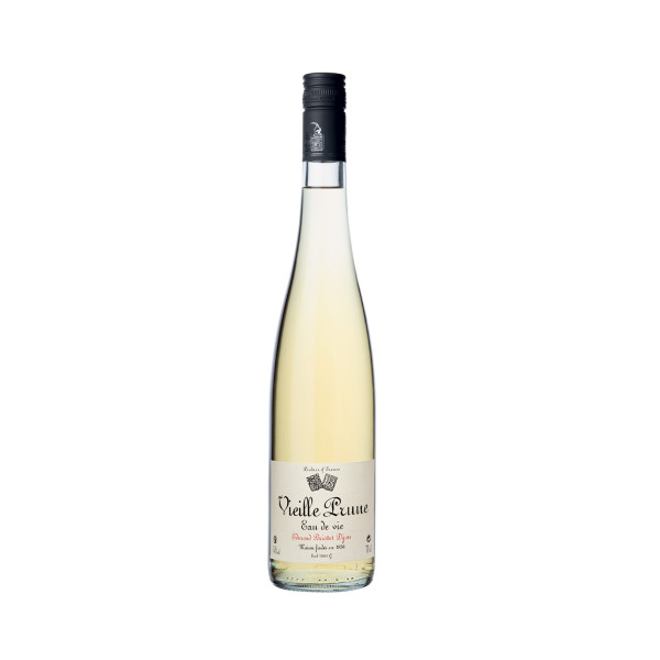 Bouteille d'eau de vie de vieille prune Maison Briottet, alcool 45% vol., 70cl, avec deux verres cocktails avec glacons