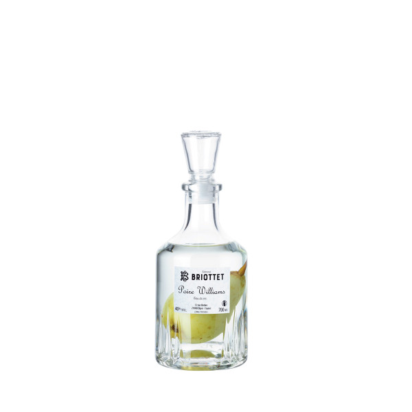 Bouteille d'eau de vie de Poire William Maison Briottet, alcool 45% vol., 70cl, avec deux verres cocktails avec glacons