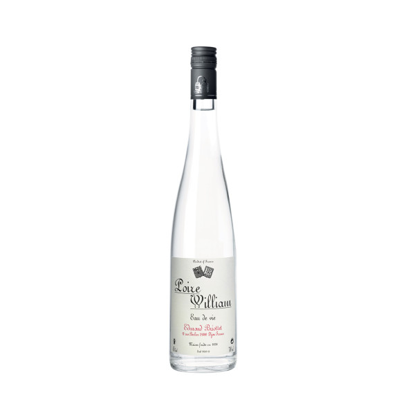 Bouteille d'eau de vie de Poire William Maison Briottet, alcool 45% vol., 70cl, avec deux verres cocktails avec glacons