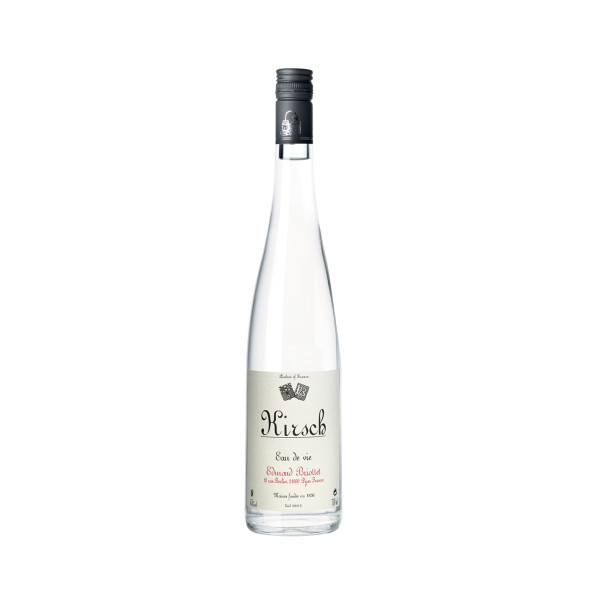 Bouteille d'eau de vie de KIRSH Maison Briottet, alcool 45% vol., 70cl, avec deux verres cocktails avec glacons