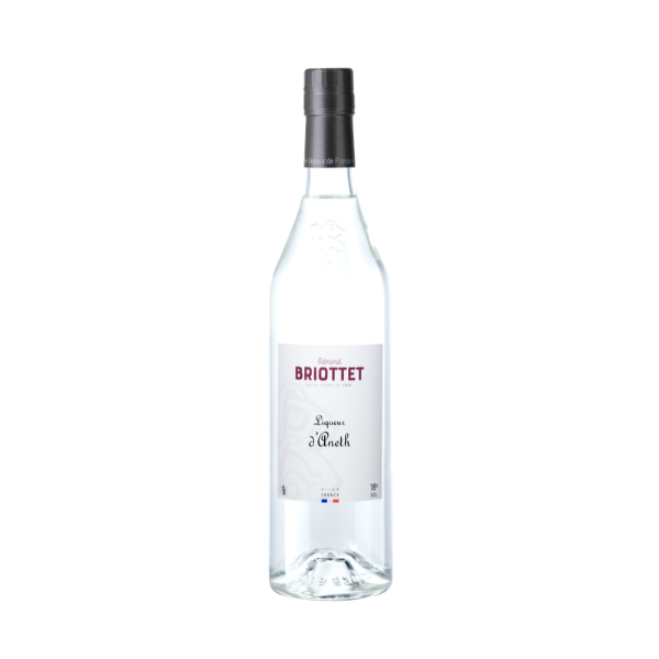 Bouteille de Liqueur d'Aneth Maison Briottet, liqueur 18% vol., 70cl, sur fond d'illustration d'aneth