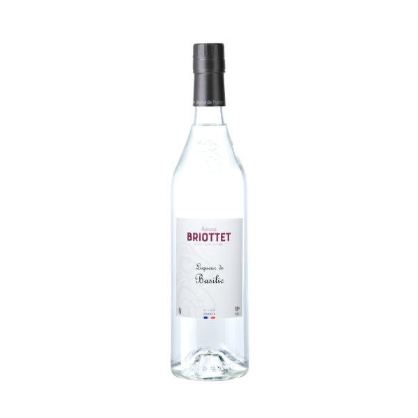 Bouteille de Liqueur de Basilic Maison Briottet, liqueur 18% vol., 70cl, sur fond d'illustration de basilic