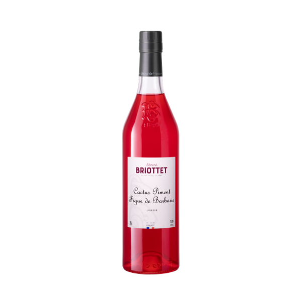 Bouteille de Liqueur de Cactus piment figue Maison Briottet, liqueur 18% vol., 70cl, sur fond d'illustration de cactus
