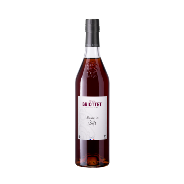 Liqueur de café Maison Briottet, liqueur 18% vol., bouteille 70cl, sur fond d'illustration avec des grains de café