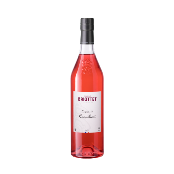 Bouteille de Liqueur de Coquelicot Maison Briottet, liqueur 18% vol., 70cl, sur fond d'illustration de fleur coquelicot