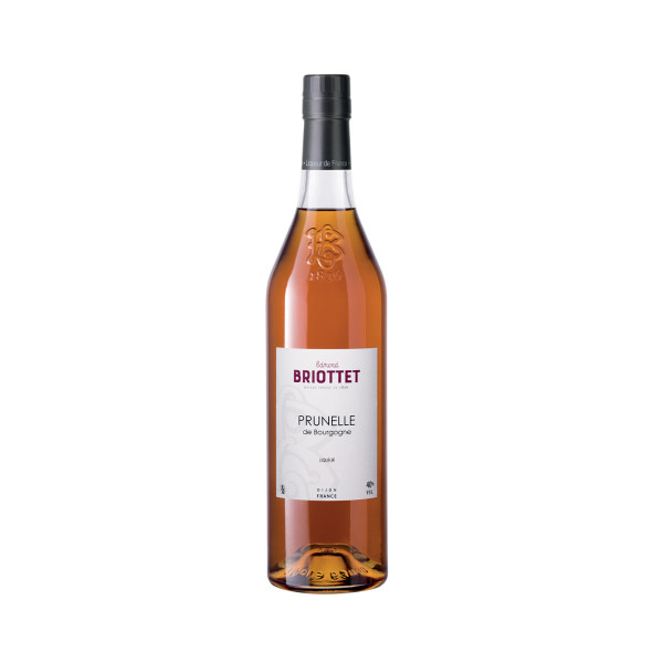 Bouteille de Liqueur de Prunelle de Bourgogne Maison Briottet, liqueur 40 % vol., 70cl, avec deux verres cocktails avec glaçons